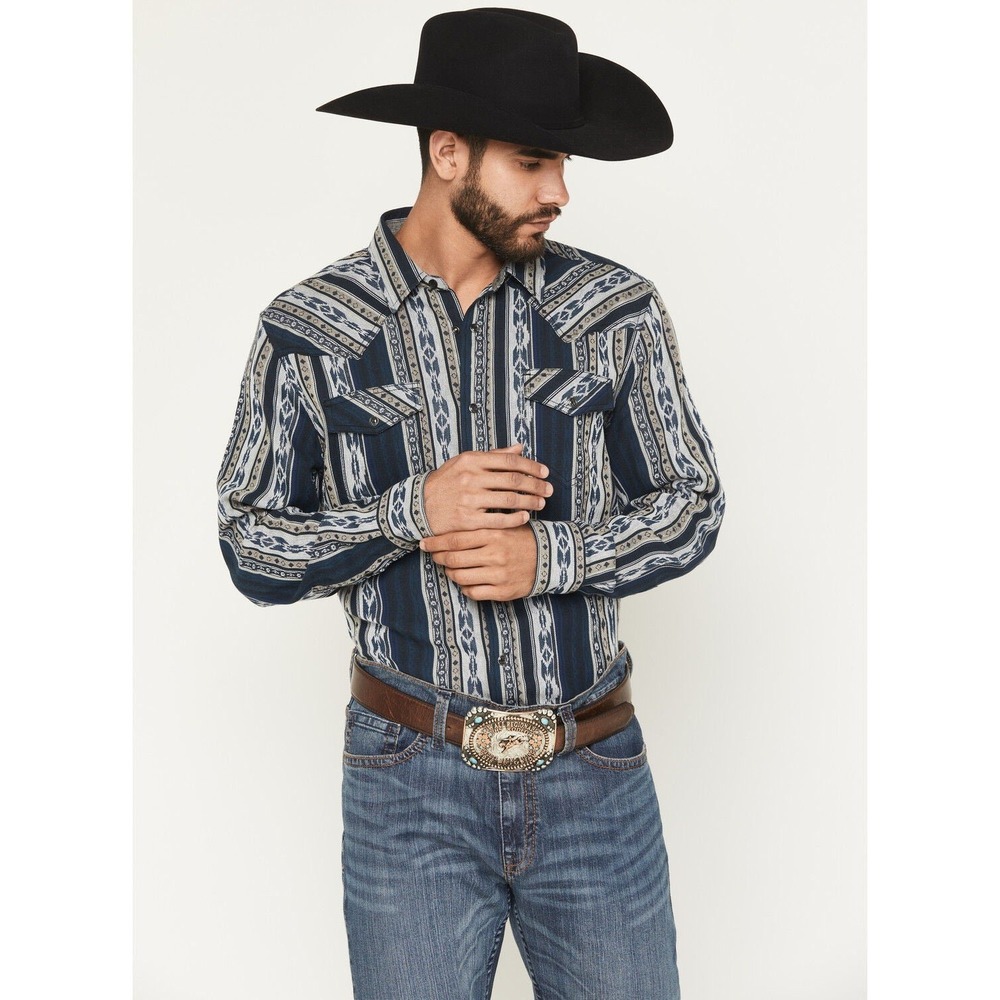 Cody James Mens Blue Tan Geometric Stripe Western Snap Long Sleeve Shirt Large